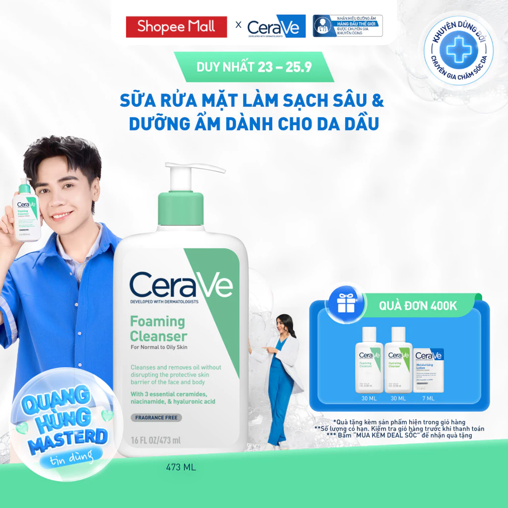 Sữa rửa mặt foaming giúp làm sạch sâu và dưỡng ẩm dịu nhẹ dành cho da dầu - CeraVe Foaming Facial Cleanser 473ML