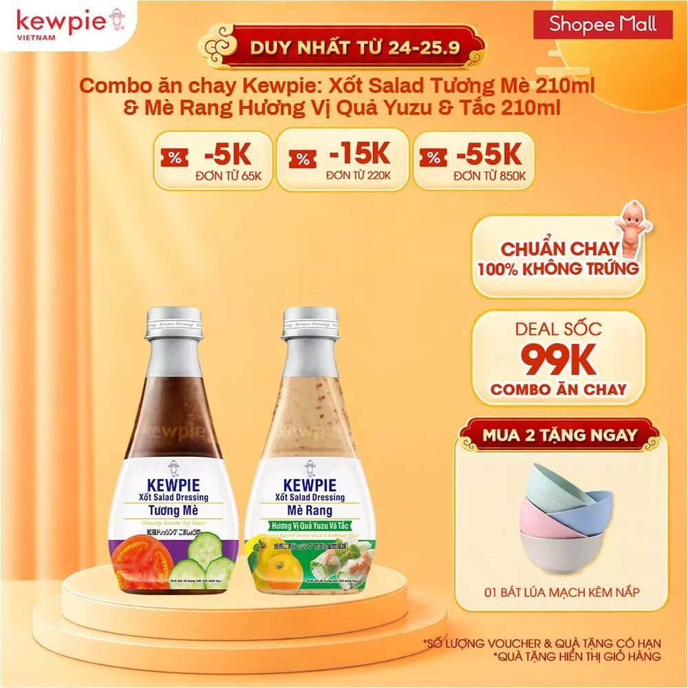Combo ăn chay Kewpie: Xốt Salad Tương Mè 210ml & Mè Rang Hương Vị Quả Yuzu & Tắc 210ml