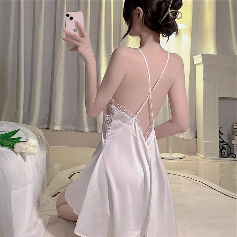 [Sẵn sàng] Bộ đồ ngủ nữ sling gợi cảm với ren và dây băng lụa, phù hợp mùa hè, kích thước lớn