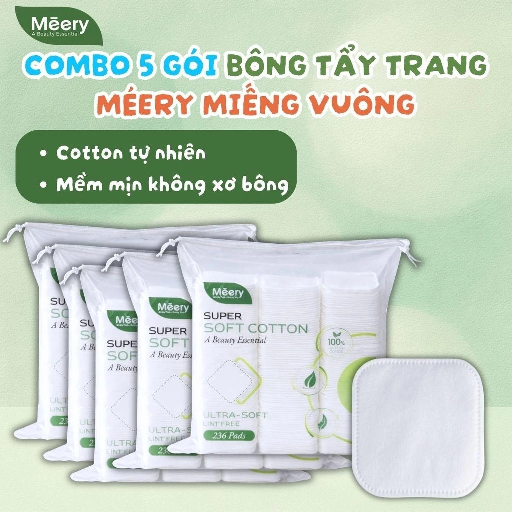 COMBO 5 Gói Bông Tẩy Trang Méery 236 Miếng Vuông 100% Cotton, Không Xơ Bông, Bông Tẩy Trang Miếng Vuông
