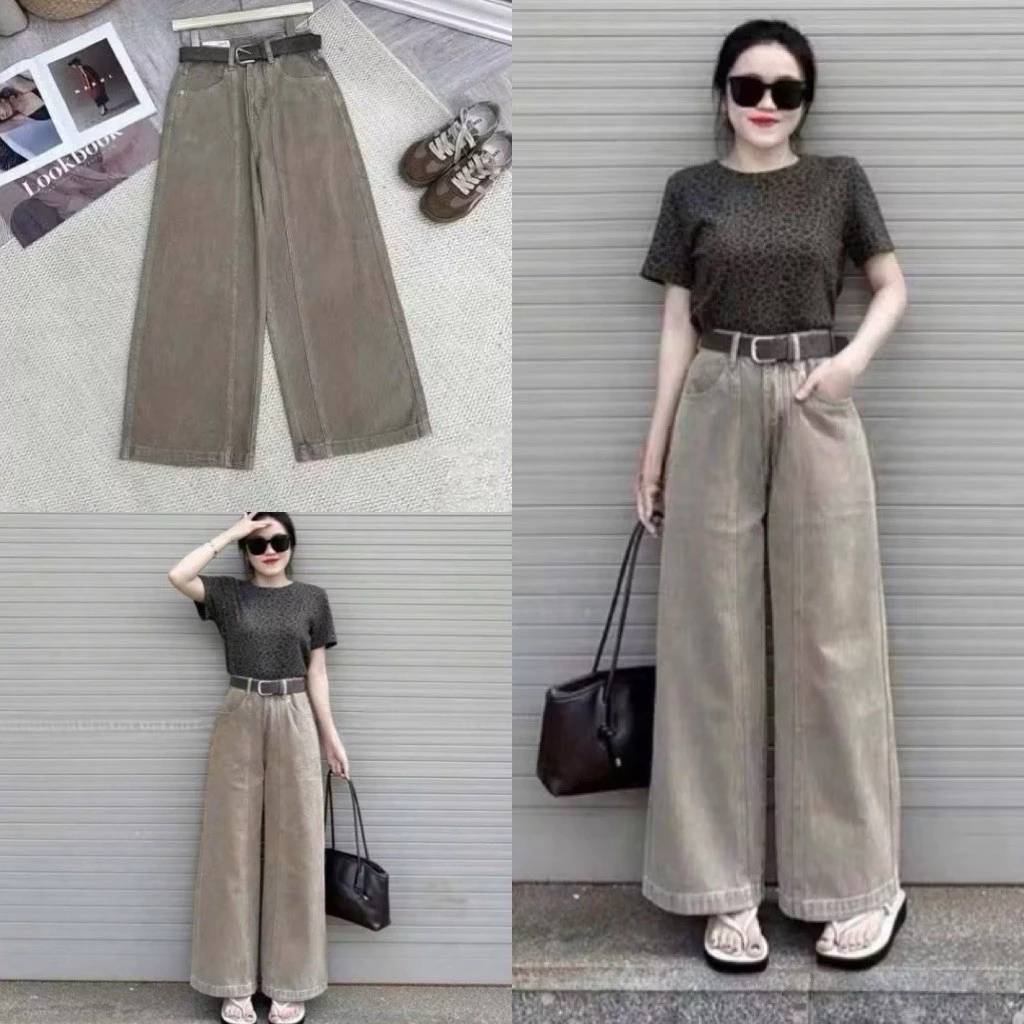 Quần bò suông nâu tây gân giữa gấu to cạp cao phom dáng chuẩn dễ phối đồ