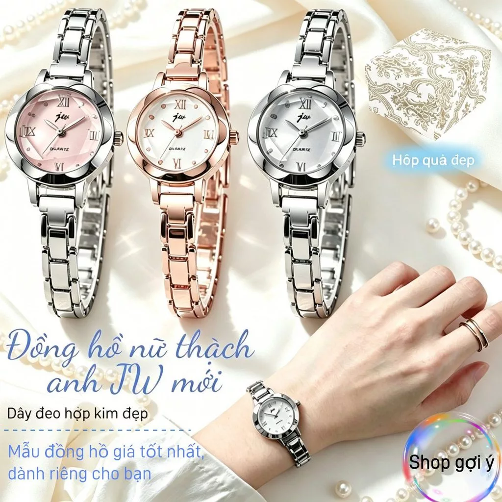 Đồng hồ nữ thạch anh mặt nhỏ JW, phong cách Hàn Quốc thời trang, dây đeo hợp kim, tặng kèm pin.