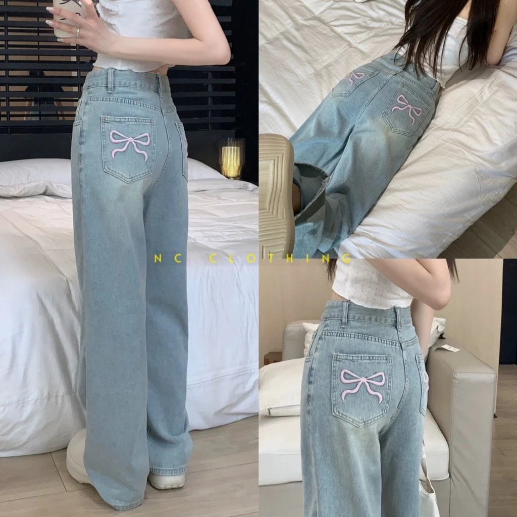 [NOVEMBER CLOTHING] QUẦN JEANS NỮ ỐNG RỘNG THÊU NƠ HỒNG CẠP CAO HÁCH DÁNG HOTTREND 2026