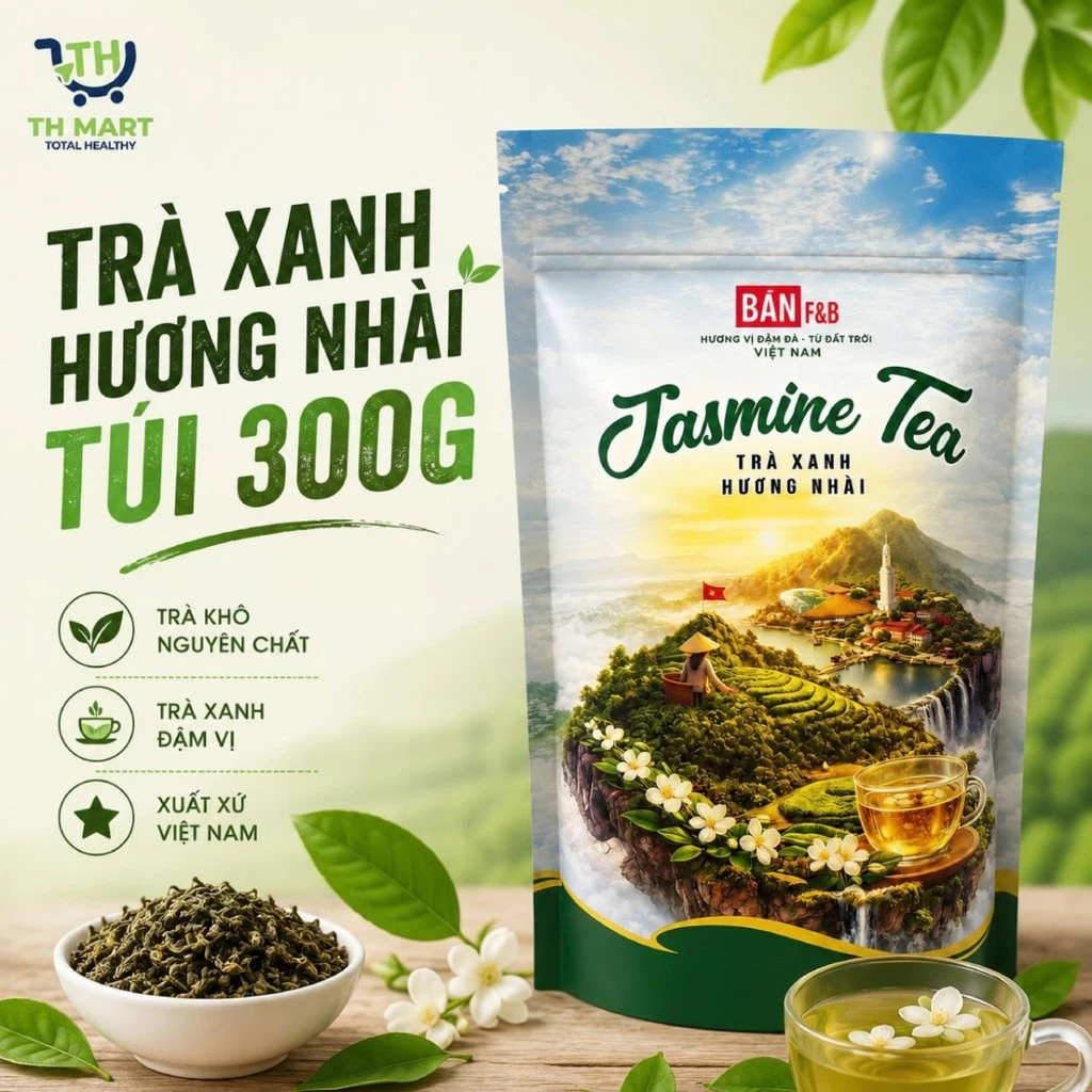 Trà Xanh Hương Nhài Túi 300G Thơm Tự Nhiên Chuẩn Vị Truyền Thống Việt Nam Thương Hiệu Bản F&B