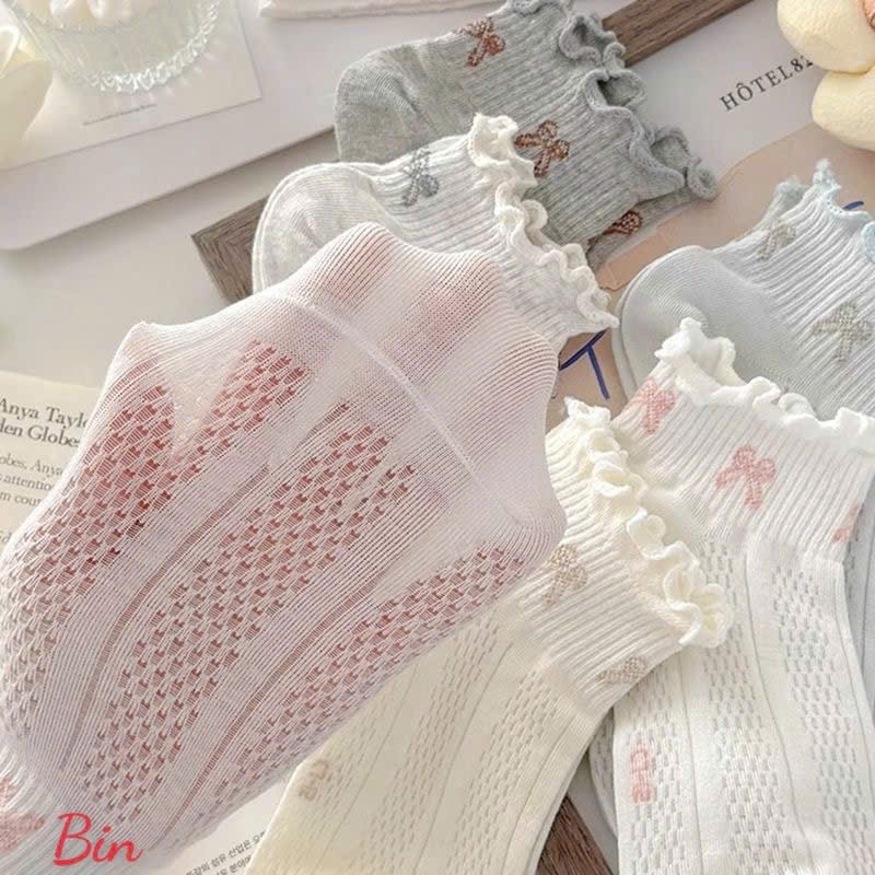 🧦 SET 5 ĐÔI TẤT NỮ CỔ BÈO THÊU NƠ XINH XẮN – MỀM MẠI, THOÁNG KHÍ, SIÊU DỄ THƯƠNG 🎀✨