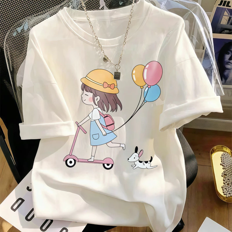 Áo Thun Nữ Màu Trắng In Hình Cô Gái Tỏa Nắng, Phong Cách Casual Hàng Ngày, Chất Cotton Mềm Mại, Form Rộng.