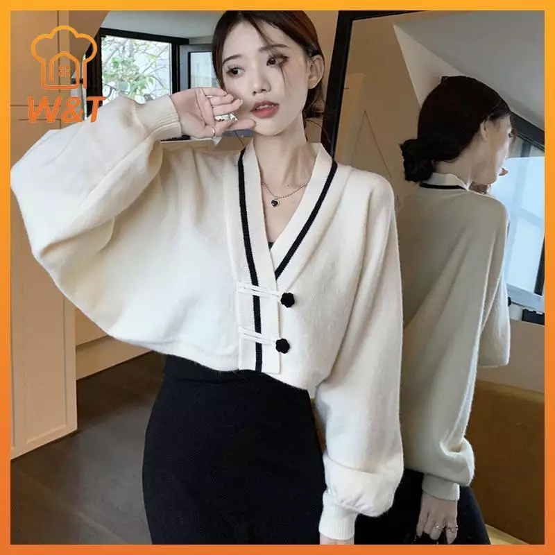 [W & T] V Ne Màu Tương Phản Batwing Tay Áo Khoác Ngoài Sang Trọng Nút Áo Len Cardigan Mới