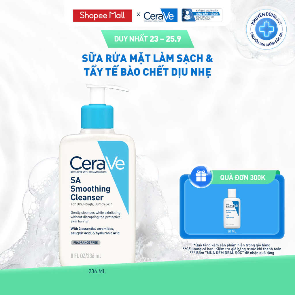 Sữa rửa mặt làm sạch da, loại bỏ dầu thừa và tẩy tế bào chết dịu nhẹ không gây khô da CeraVe SA Smoothing Cleanser 236ML