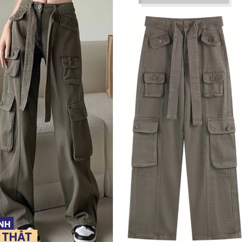 Quần Dài Túi Hộp Ống Rộng Kaki 8 Túi Cạp Cao Có Dây Lưng Unisex Mã 835
