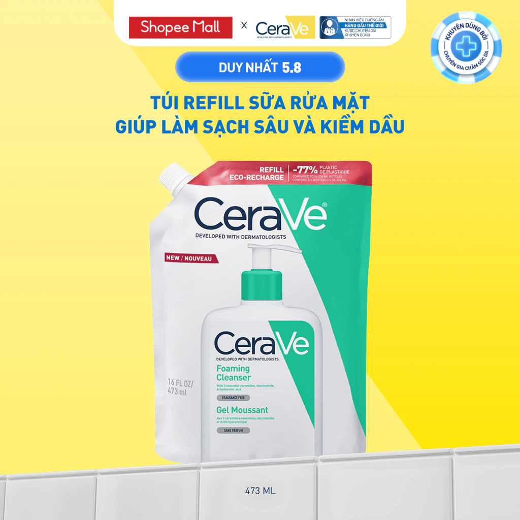 Túi nạp CeraVe Foaming Cleanser 473 ml dành cho da thường đến da dầu trên Shopee