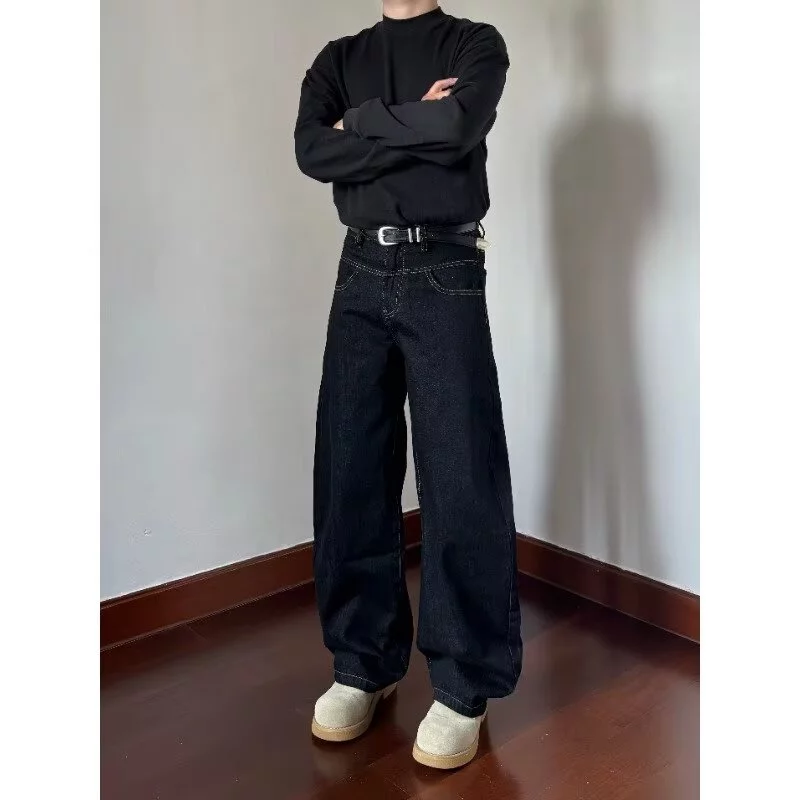 Quần jean nam baggy ống rộng may chỉ tương phản vàng, phong cách Hàn Quốc streetwear nam