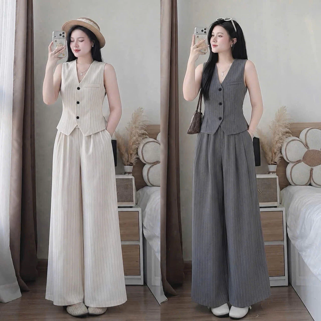 (MAY ĐẸP ) Set Áo Gile Kẻ Sọc kèm Quần Suông Dài Nữ, Chất đẹp Thời Trang có Bigsize NY NA STORE