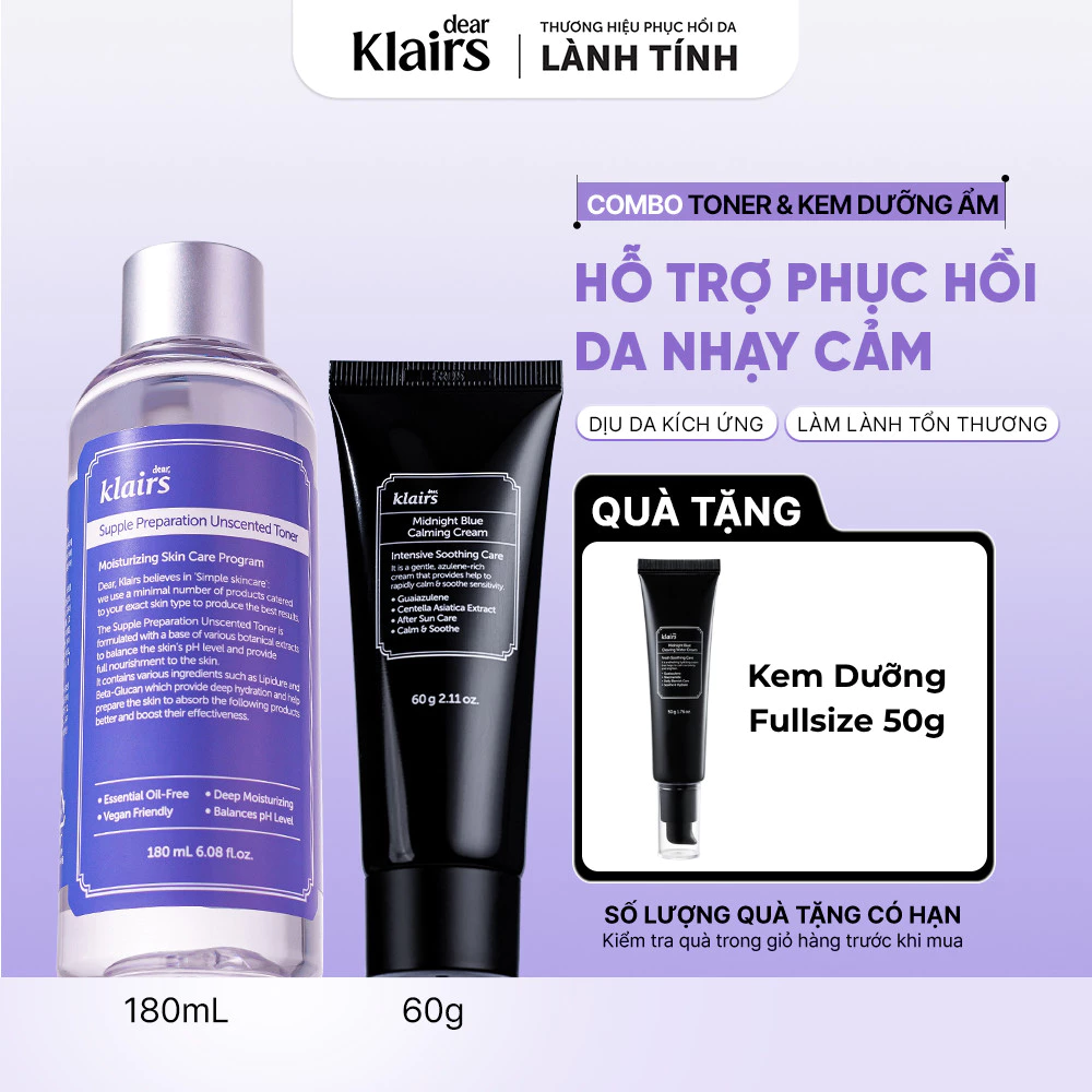 Combo Nước hoa hồng Dear, Klairs Supple Preparation Unscented Toner 180ml + Kem dưỡng Midnight Blue Calming 60g [FS]