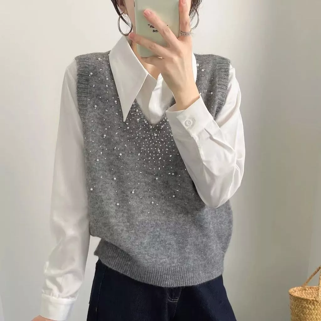 Áo Gi lê Không Tay Thêu Đá, Váy Lông Dệt Phong Cách Dopamine Thiết Kế Đính Cườm, Cổ Tim Thời Trang, Họa Tiết Lấp Lánh