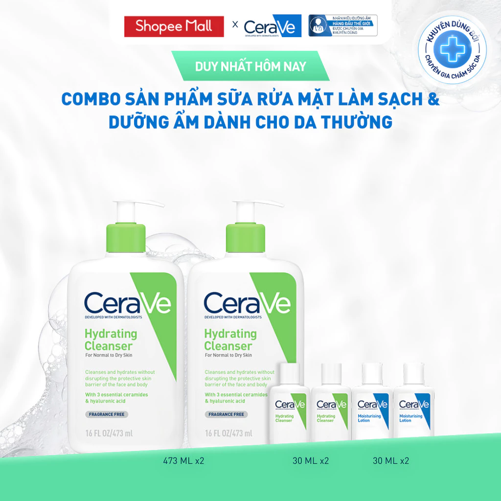Bộ sản phẩm sữa rửa mặt làm sạch & dưỡng ẩm CeraVe dành cho da thường Hydrating Cleanser