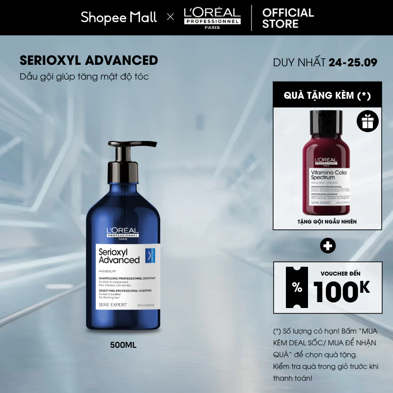 Dầu gội dưỡng tóc giúp làm dày tóc L'Oréal Professionnel Serioxyl Advanced 500ml - Dành cho tóc thưa, mảnh, rụng