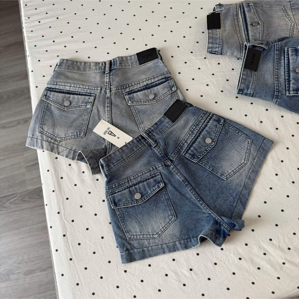 Quần Short Jean Nữ Lưng Cao Dáng Ngắn Form A Túi Nấp Thêu Túi Sau N0406_762