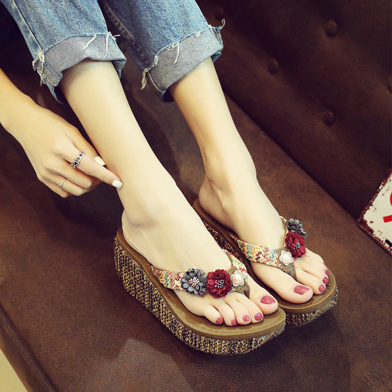 Bohemian 2017 Phong Cách Mới Ngoài Trời Cao Gót Chống Trơn Trượt Giày Đi Biển Thoải Mái Dép Lật