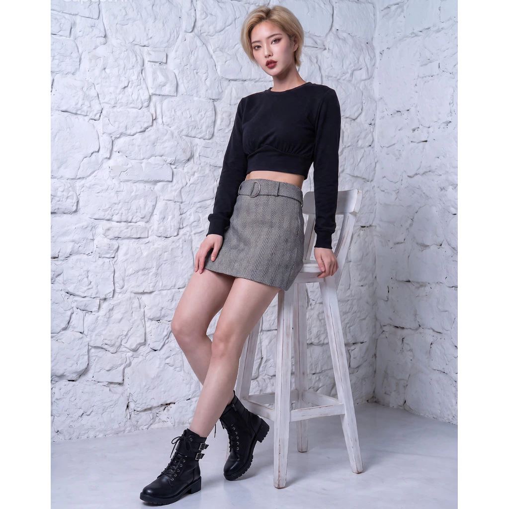 💖Chân Váy Ngắn Màu Xám Có Đai Lưng. Họa Tiết Xương Cá. Dáng Chữ A - MS46F00373