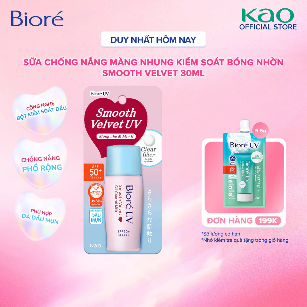Biore UV Smooth Velvet Sữa Chống Nắng Màng Nhung Mịn Lì - Kiểm Soát Bóng Nhờn SPF50+/PA++++ 30ml