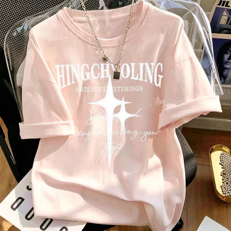Áo phông nữ họa tiết ngôi sao thập tự chữ cái phong cách cao cấp ngọt lạnh, cổ tròn dễ phối đồ mặc thoải mái mùa hè