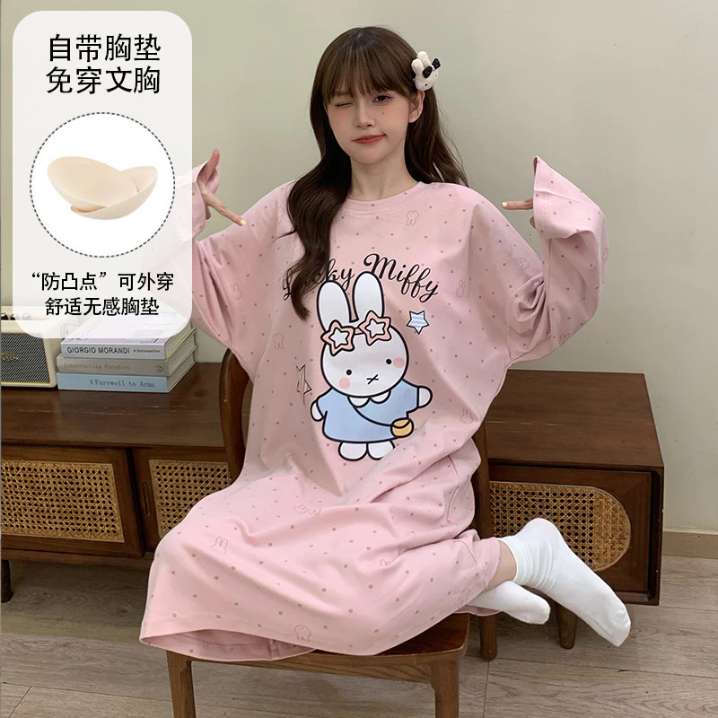 Đệm Váy Ngủ Bộ Đồ Ngủ Nữ Plus Kích Thước Bộ Đồ Ngủ Đầm Thu Đông Tay Dài Đồ Ngủ Người Phụ Nữ Rời Mặc Ở Nhà M-3XL