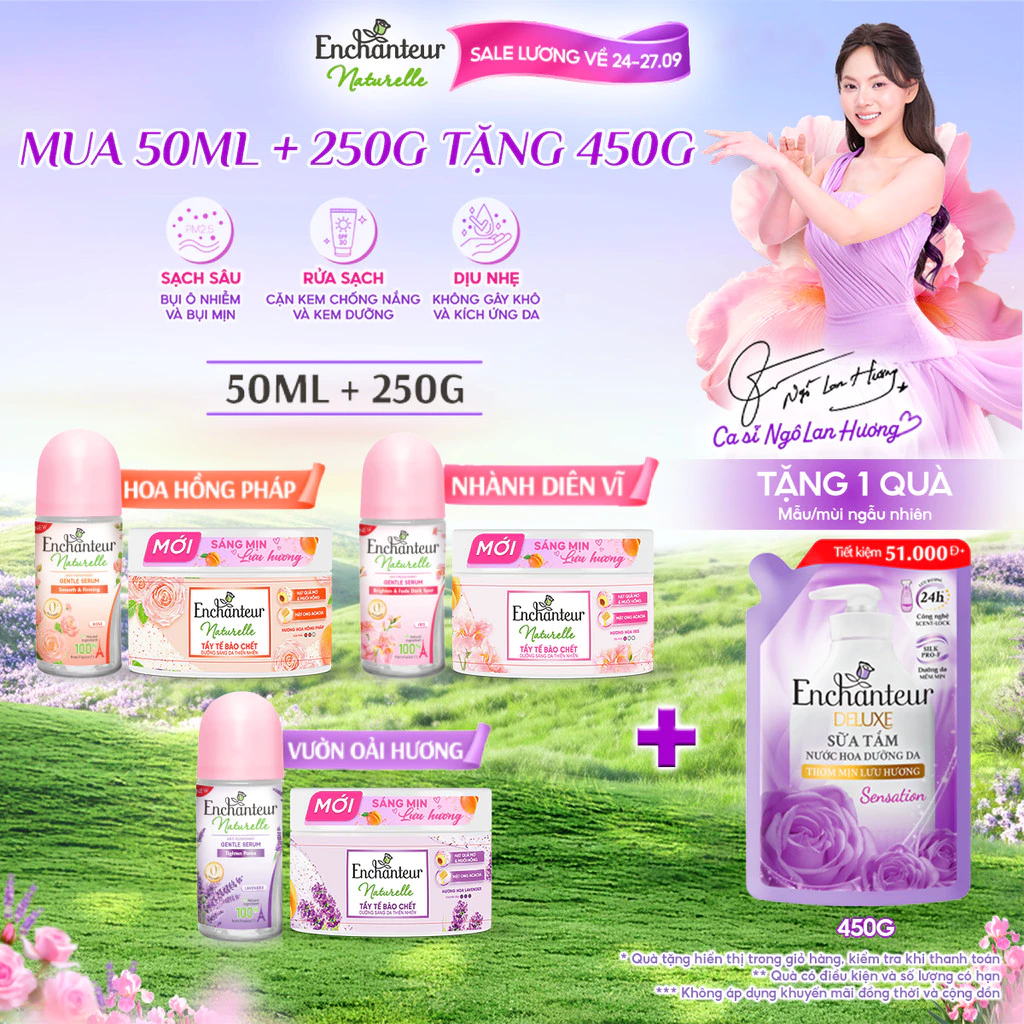 Bộ đôi Tẩy tế bào chết 250g & Lăn khử mùi tinh chất Serum Làm Sáng Da và Che Mờ Thâm sau 5 ngày Enchanteur 50ml
