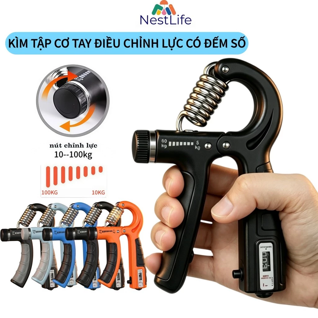 Kìm Bóp Tay Tập Cơ Tay, Dụng Cụ Tập Gym Tại Nhà Điều Chỉnh Lực Có Đếm 10kg - 100kg  Găng Tay Tập Thể Thao