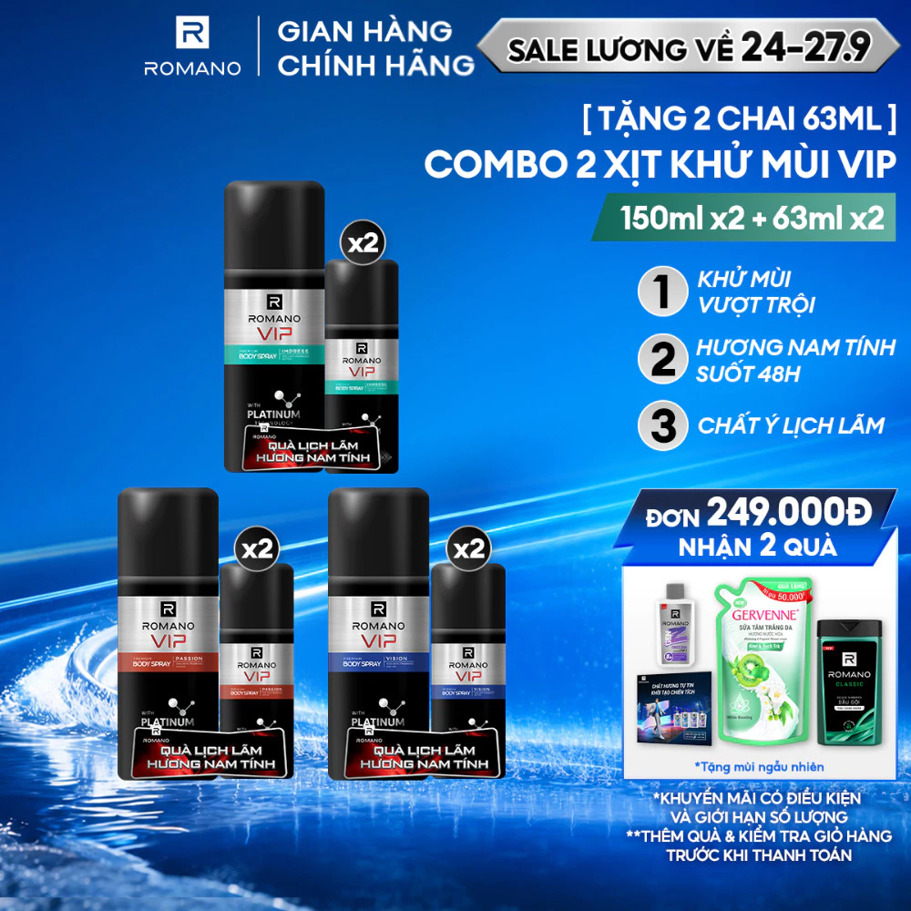 [TẶNG 2 Xịt khử mùi 63ML] Combo 2 Xịt khử mùi cho nam cao cấp VIP Romano (150ml x 2) (Tặng mùi ngẫu nhiên)