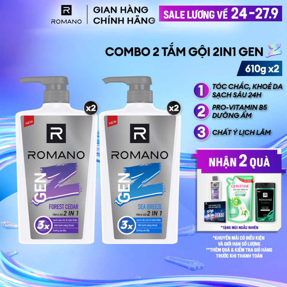 Combo 2 Tắm gội cho nam 2 trong 1 Romano Gen Z hương Sea Breeze/ Forest Cedar 610g/ chai