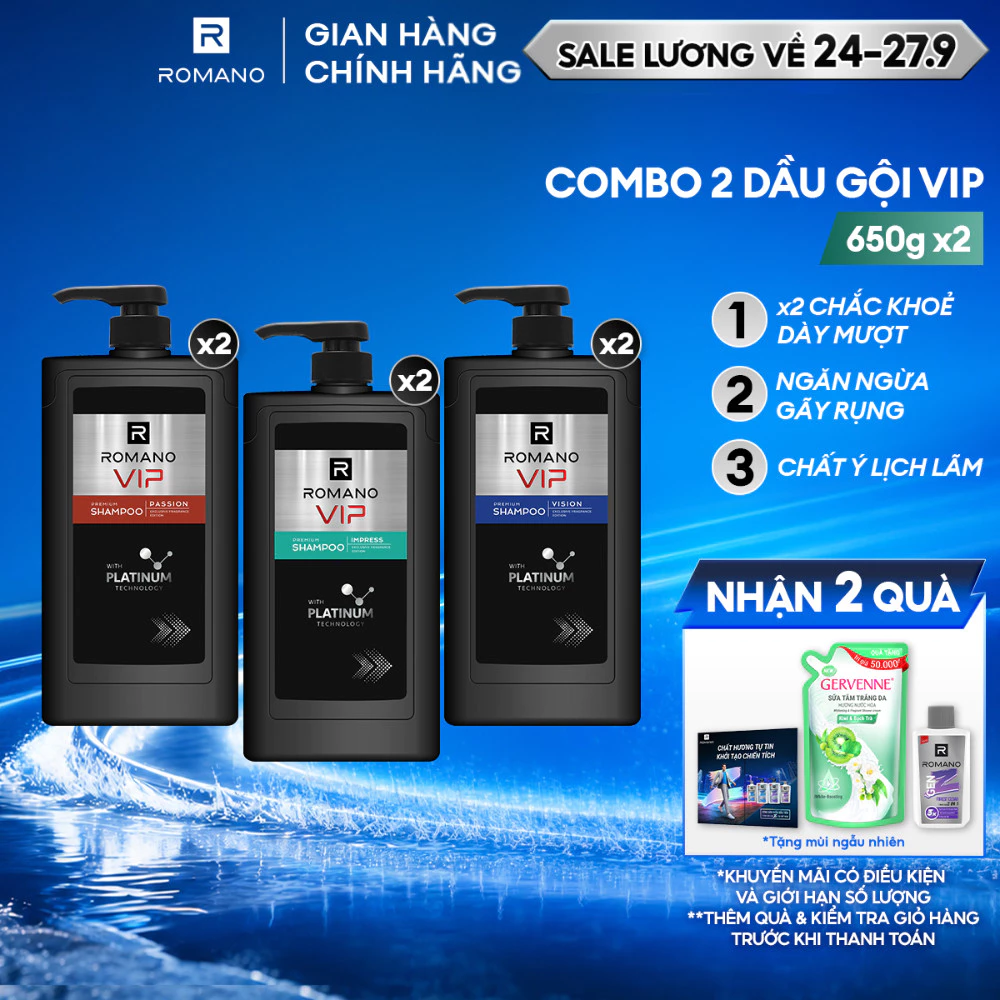 Combo 2 Dầu gội nam Romano VIP Passion / Vision / Impress ( 650g x 2 )
