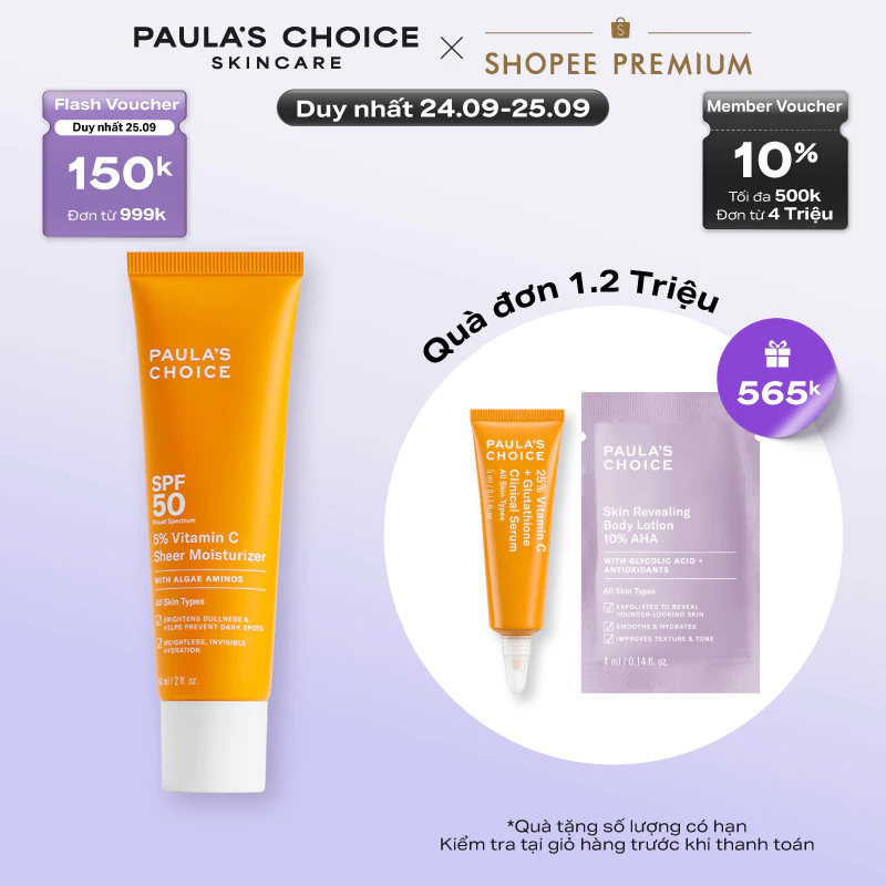 Kem chống nắng dưỡng ẩm giúp làm sáng và đều màu da SPF 50 Paula's Choice 5% Vitamin C 60ml - 1360