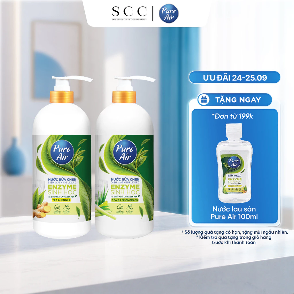 Nước Rửa Chén Enzyme Sinh Học Pure Air Chiết Xuất Lá Trà Lên Men - Hỗ Trợ Làm Sạch Dầu Mỡ Khử Mùi Tanh Dịu Nhẹ Da Tay