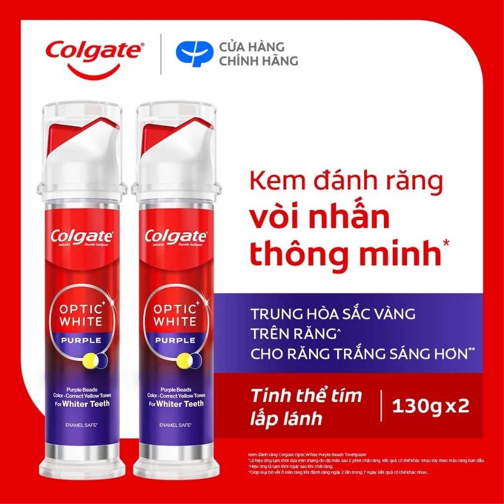 Bộ 2 Kem đánh răng Colgate vòi nhấn thông minh Optic White Purple, cho răng trắng sáng hơn 130g/ống