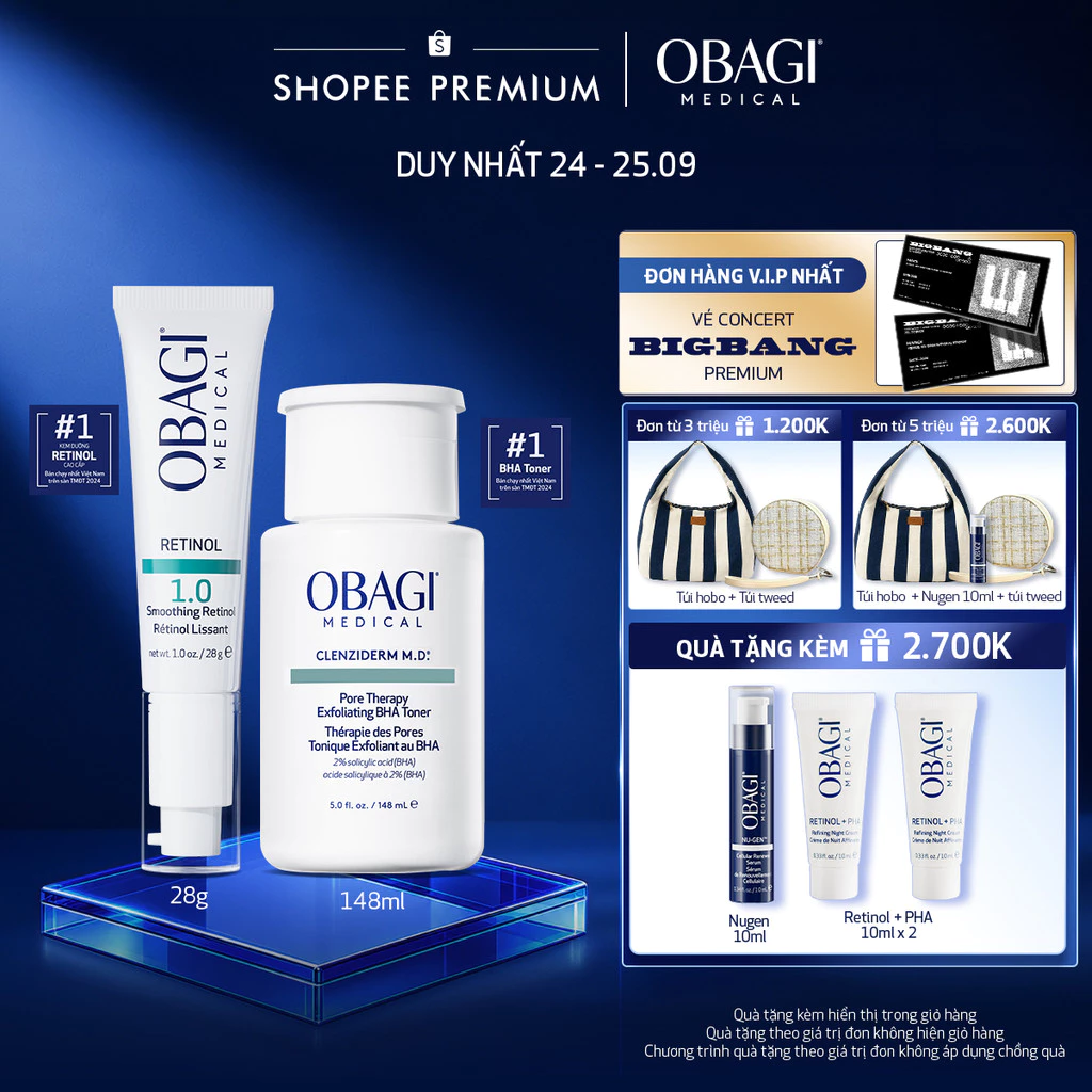 Bộ đôi dưỡng da Toner BHA Giảm Mụn Obagi Clenziderm M.D 148ml và Kem Dưỡng Đêm Obagi Retinol 1.0 (28g)