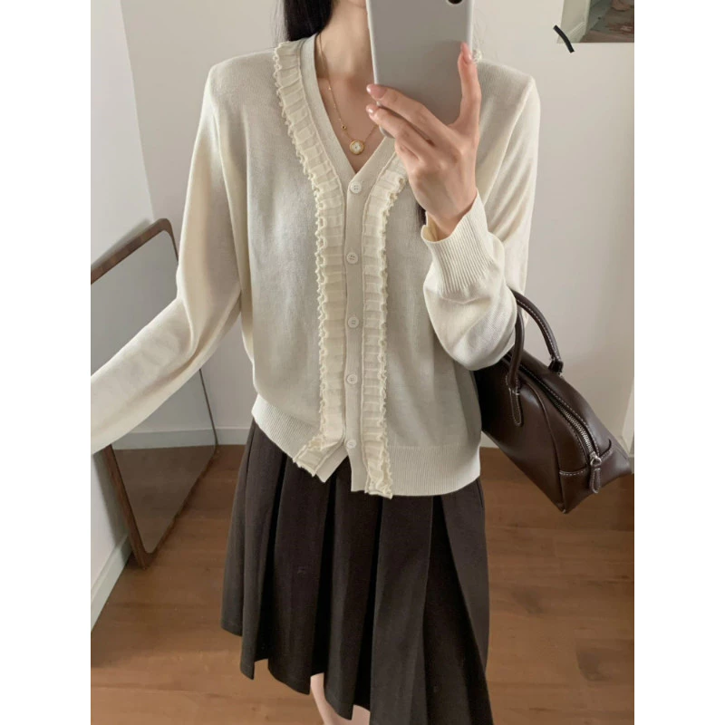 Áo len dài tay, áo len dệt kim, áo cardigan, áo khoác, áo len, áo len dệt kim, áo khoác mùa thu mới về, áo len dệt kim viền ren phong cách Hàn Quốc dành cho nữ, áo dài tay mùa thu