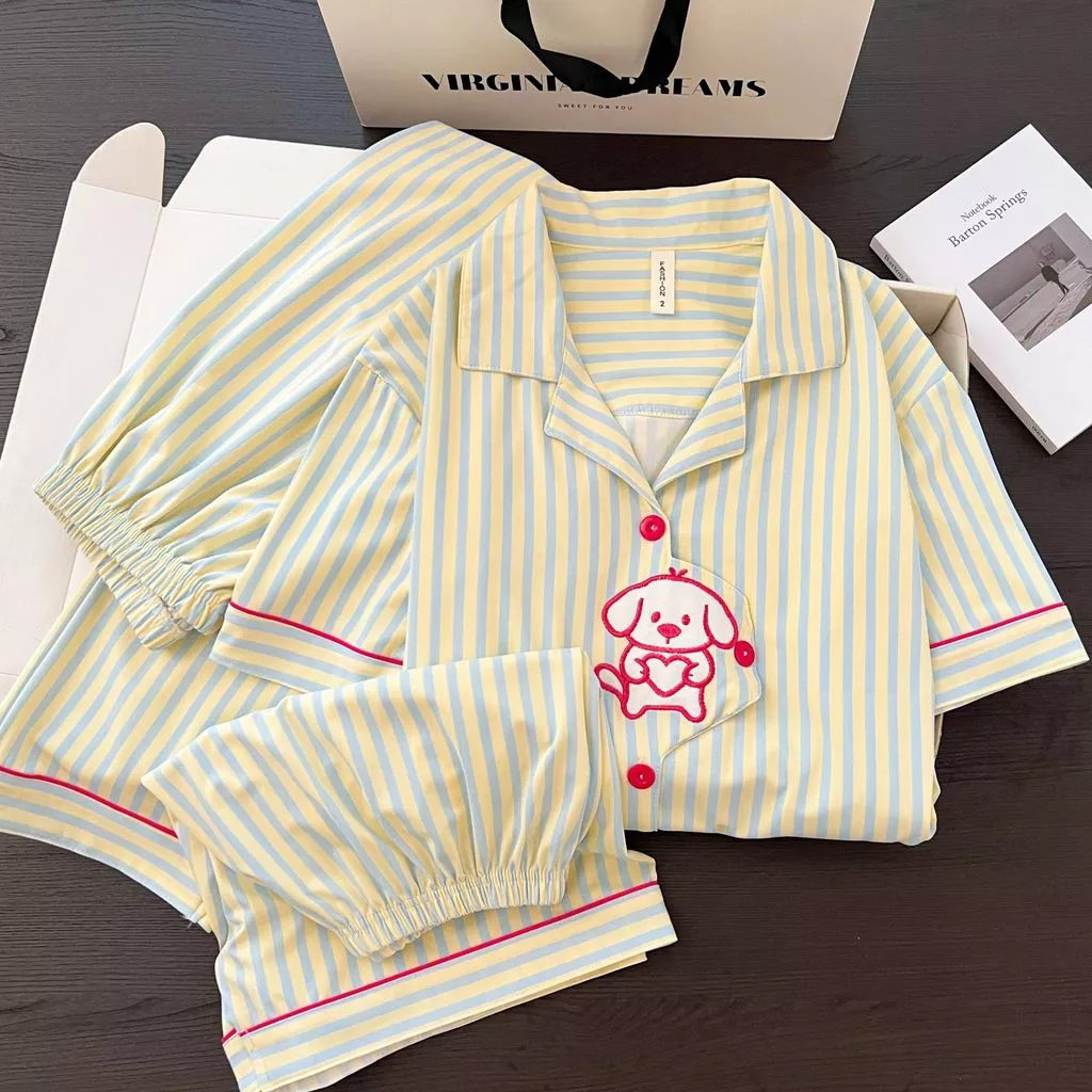 Bộ Đồ Ngủ Nữ Tay Ngắn Quần Short Cotton Sọc Hoạt Hình Phong Cách Hàn Quốc Dễ Thương Thoải Mái Thoáng Khí Mặc Nhà Mùa Hè