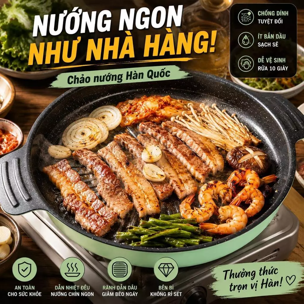 Chảo Nướng Hàn Quốc Đá Maifan Chống Dính Cao Cấp - Chảo Nướng BBQ, Nướng Thịt Không Dính, Ít Bắn Dầu, Dễ Vệ Sinh
