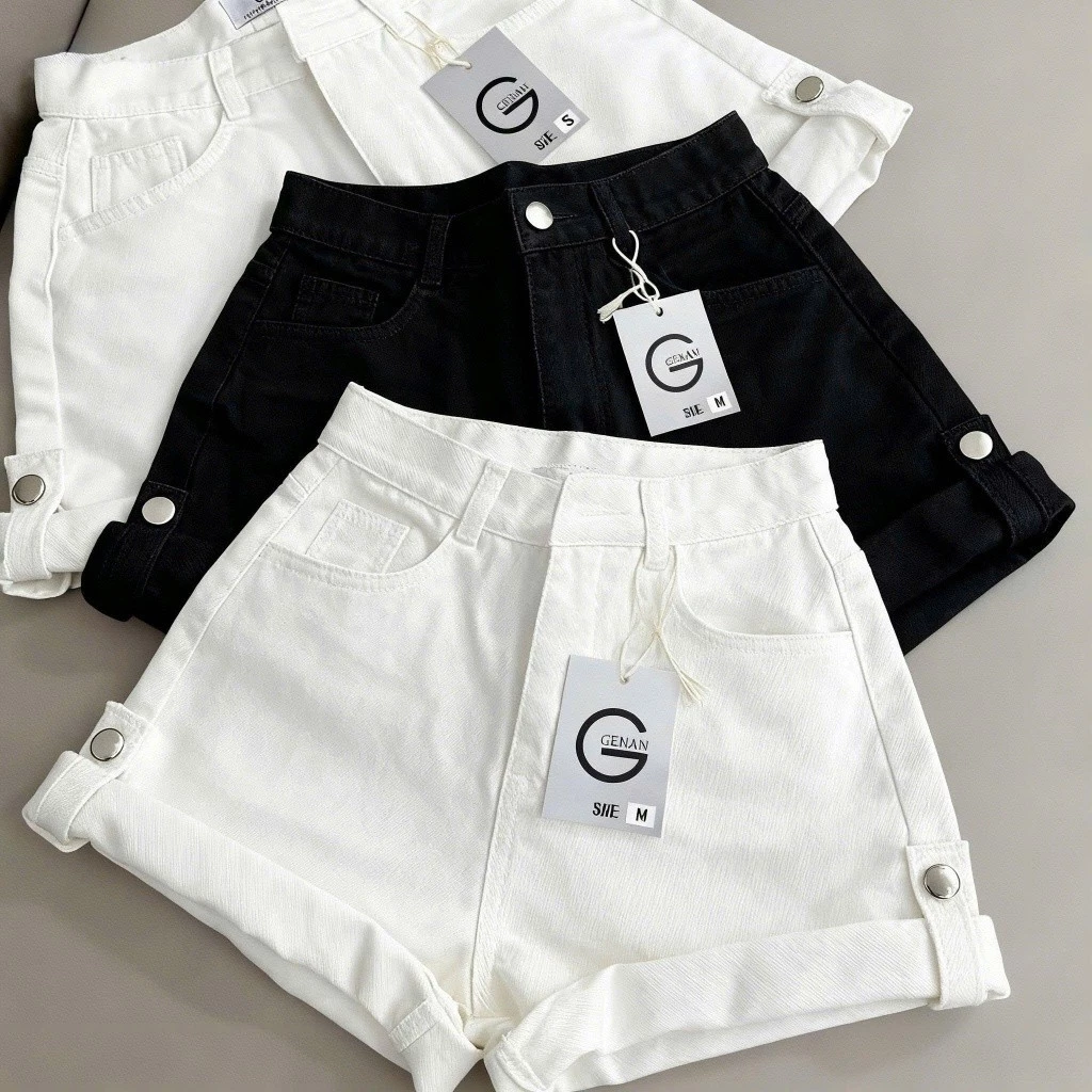 Quần short jean nữ trắng ống rộng có gắn nút khóa, Quần đùi kaki dây chất jean kaki