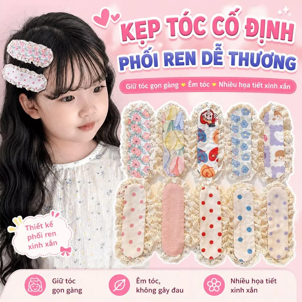 1 Cặp kẹp cố định tóc phối ren dễ thương cho bé gái 11x4.5cm