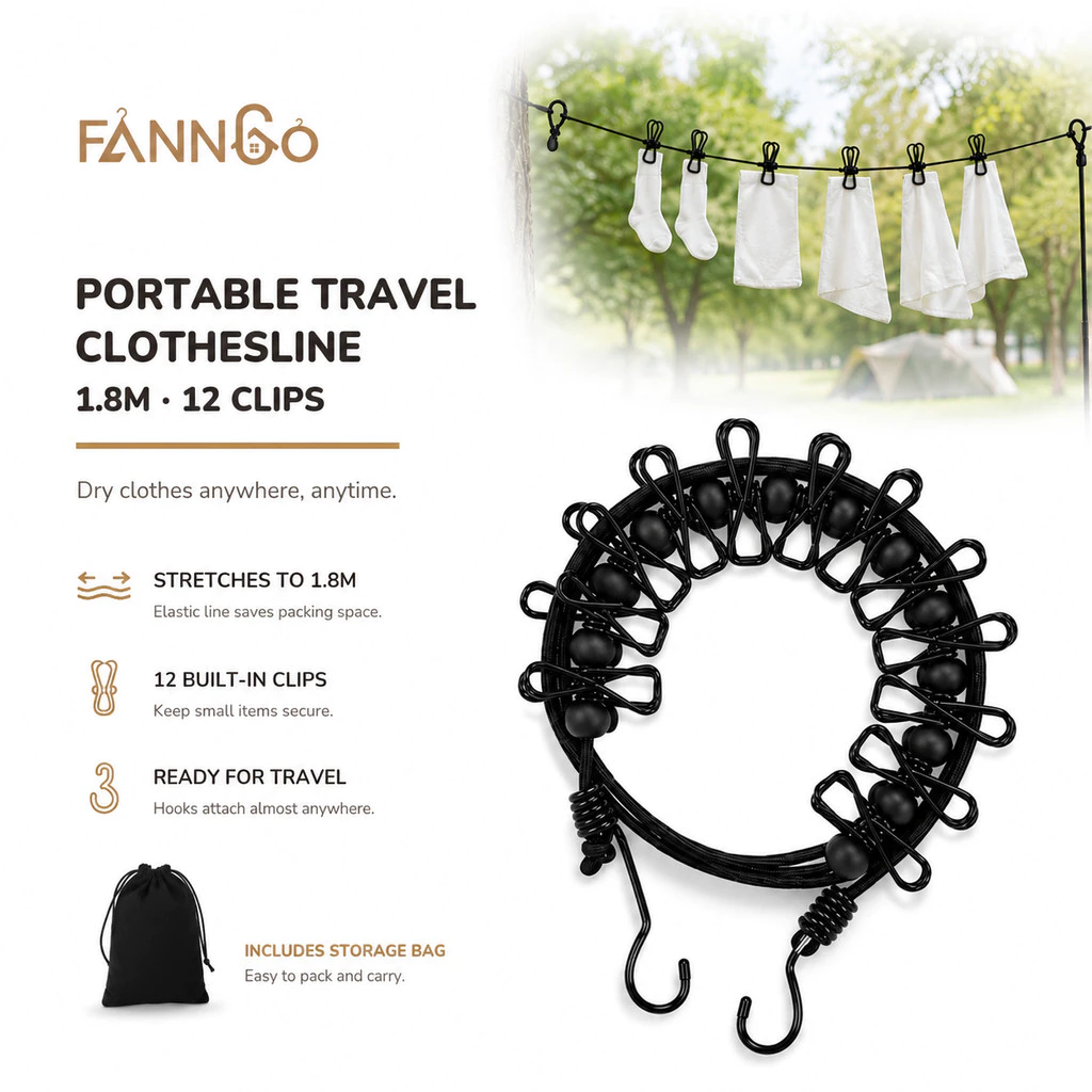 Dây phơi quần áo di động FannGo, 1 gói, 12 kẹp, màu đen, thích hợp cho cắm trại, du lịch, xe RV, sử dụng tại nhà và ngoài trời.