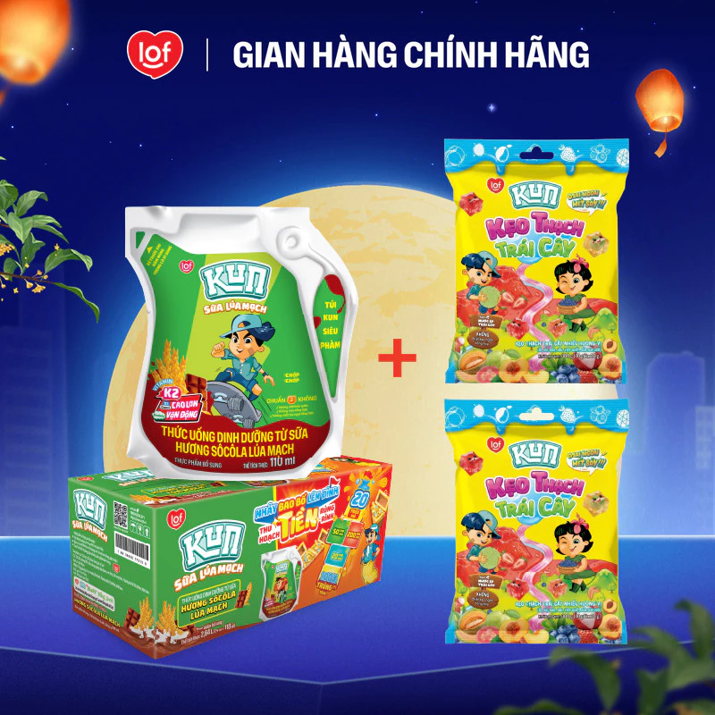 Combo 1 thùng sữa KUN túi và 2 túi kẹo thạch trái cây KUN nhiều hương vị