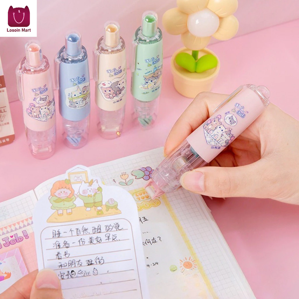Băng xóa dành cho học sinh, bút xóa có nút bấm, ruột bút thay thế được, họa tiết hoạt hình.