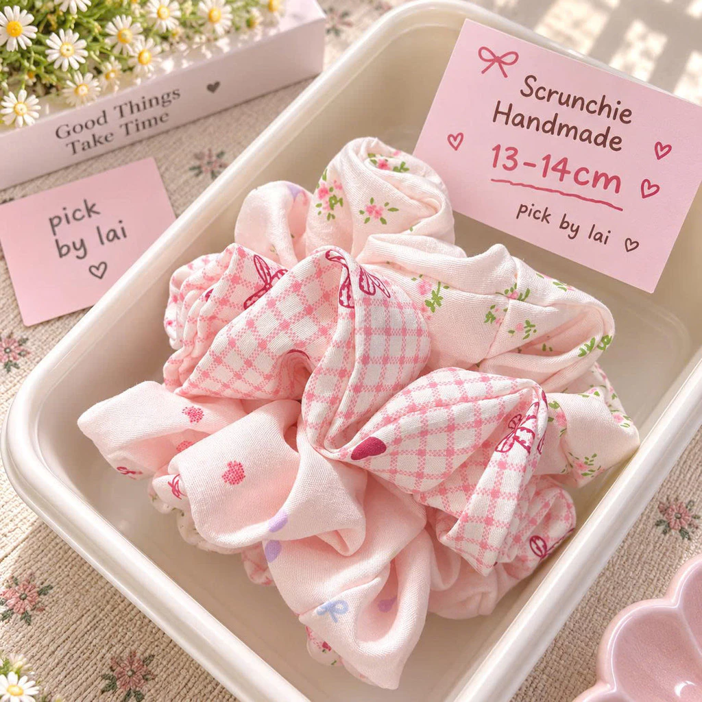 Scrunchie Vải Handmade 13-14cm, Dây Buộc Tóc Nữ May Thủ Công Nhún Bồng Bềnh Xinh Xắn Hàn Quốc