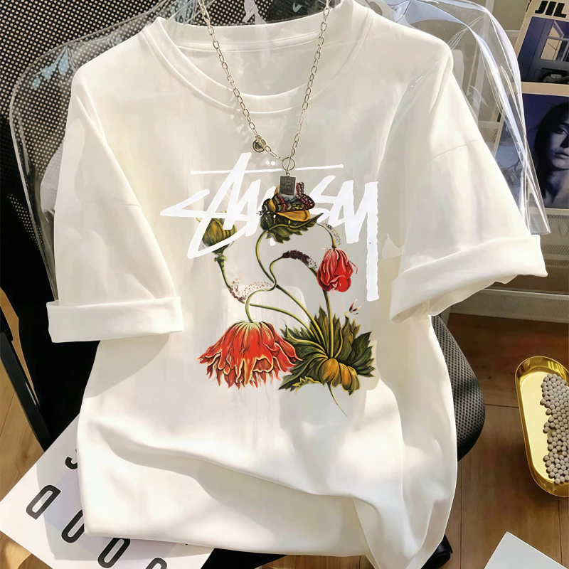 Áo Thun Nữ Màu Trắng In Họa Tiết Hoa Kiểu Tranh Sơn Dầu, Phong Cách Vintage, Chất Cotton Mềm Mại, Form Rộng.
