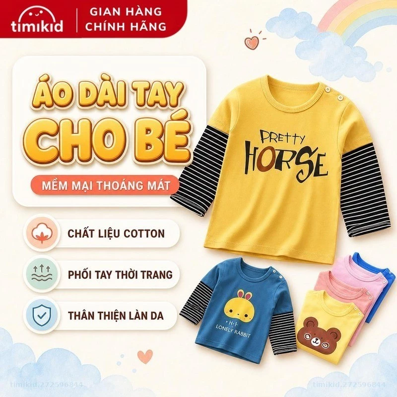 Áo Dài Tay Cho Bé Trai, Bé Gái Link Card Chất Liệu Cotton Dày Mịn Phối Tay - Timikid