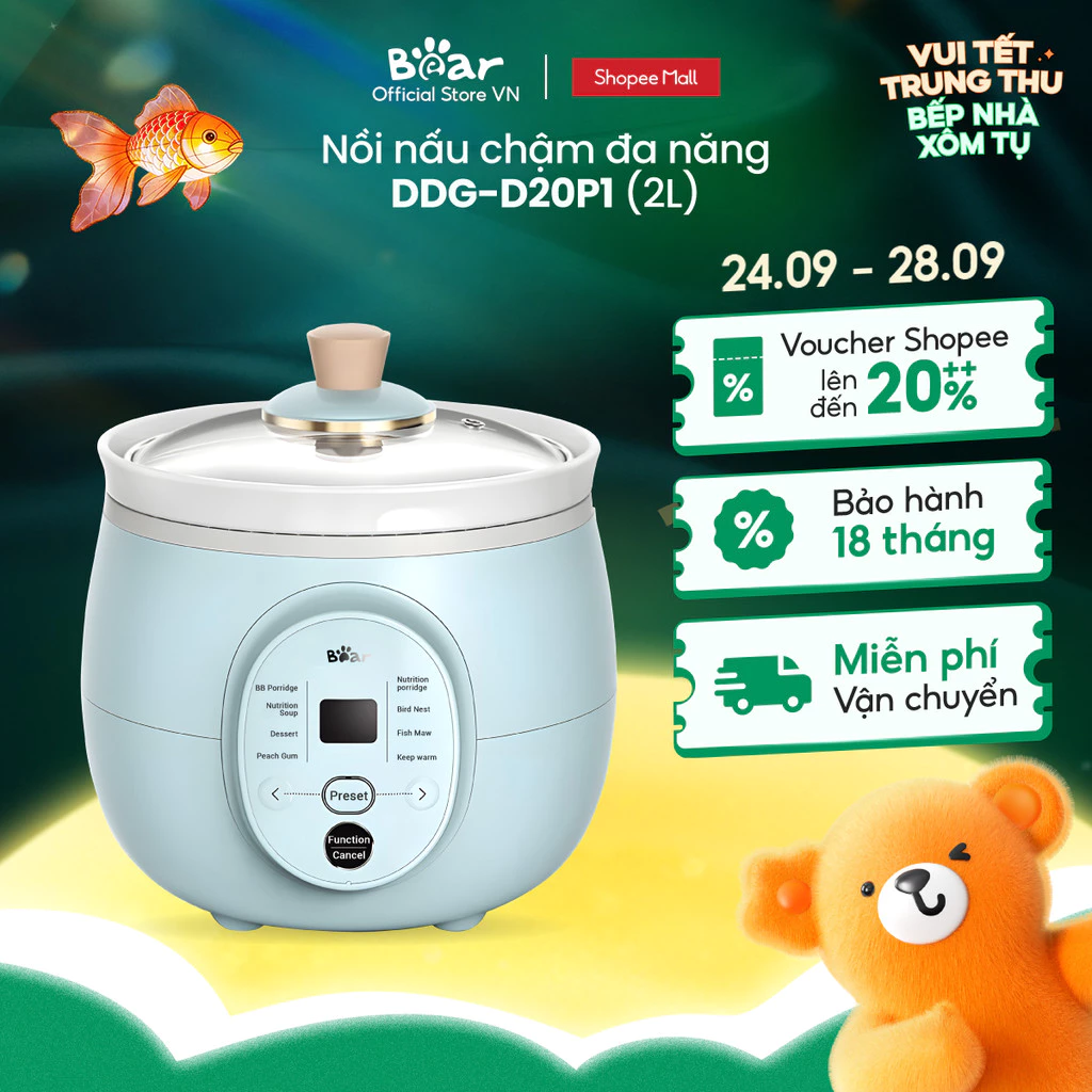 Nồi Nấu Chậm 2L Đa Năng Bear DDG-D20P1 - Chính hãng - Bảo hành 18 tháng