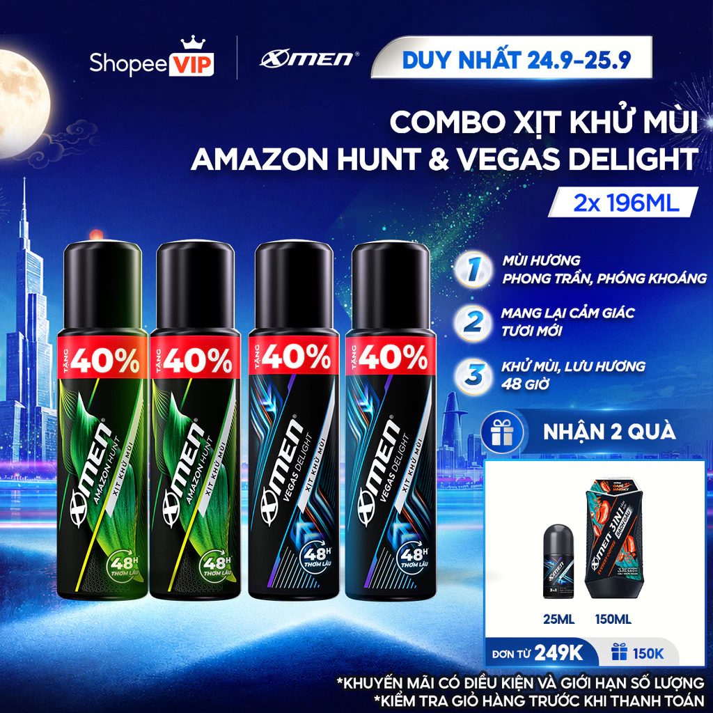[SVIP] [Tăng 40% dung tích] Combo 2 Xịt Khử Mùi XMen 196ml Amazon Hunt/Vegas Delight - Hương Nước Hoa Phong Trần,Khô Tho