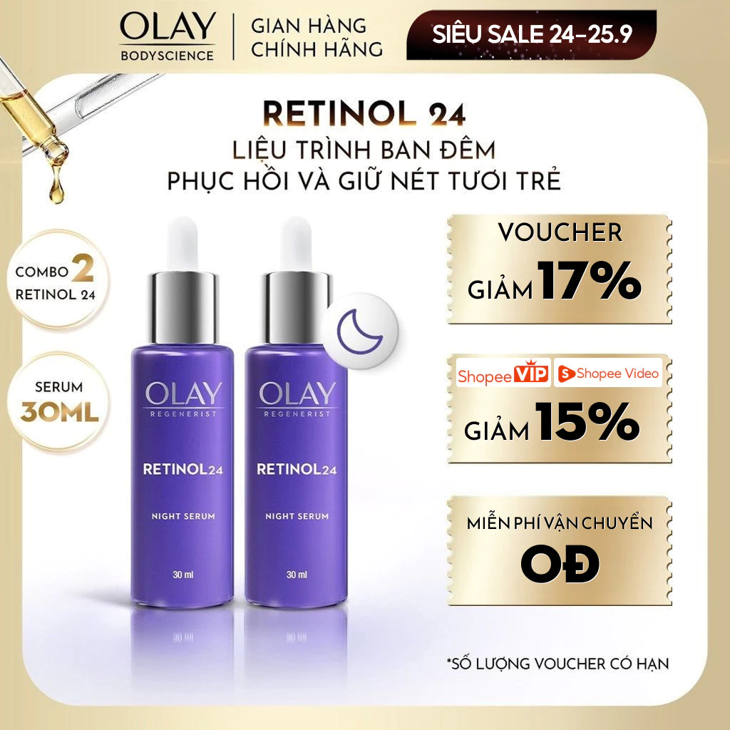 [LIVE] Combo 2 Tinh Chất Serum OLAY Retinol 24 Ban Đêm Tái Tạo Da Chống Lão Hóa 30ml