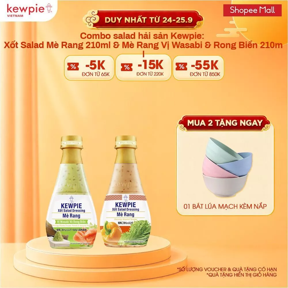 Combo salad hải sản Kewpie: Xốt Salad Mè Rang 210ml & Mè Rang Vị Wasabi & Rong Biển 210ml